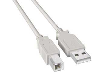 3ft USB 2.0 Type A Male to B Male cable, ash white color, double-shielded for 480Mbps data transfer, ideal for connecting printers, scanners, and external hard drives to computers.