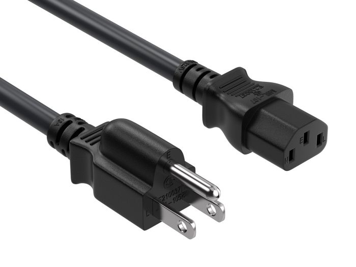 15ft 16AWG NEMA 5-15P to IEC-60320-C13 power cord, SJT, 105°C, 13A/125V, black, UL & cUL listed, CSA approved, for monitors, computers, printers, scanners, TVs, sound systems, and other devices with IEC-60320-C14 inlets.