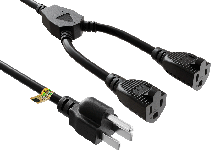 14 inches NEMA 5-15P to Dual 5-15R Power Extension Cord Splitter 14AWG 15A/125V SJT, Black 14 inches NEMA 5-15P to Dual 5-15R Power Extension Cord Splitter 14AWG 15A/125V SJT, Black