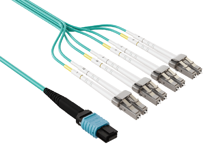 20m OM4 MTP TO 4* LC 8 Fibers Duplex Corning Fiber Breakout Cable Type B Multimode 50/125 OFNP Rated, Aqua
