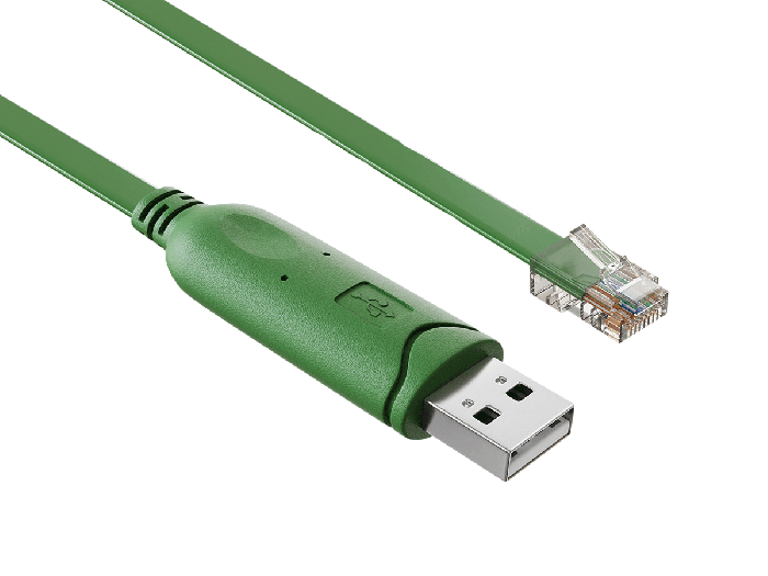 6FT USB 2.0 Type A Male to RJ45 8P8C Male Flat Console Cable, Green, Gold-Plated Contacts 6FT USB 2.0 Type A Male to RJ45 8P8C Male Flat Console Cable, Green, Gold-Plated Contacts