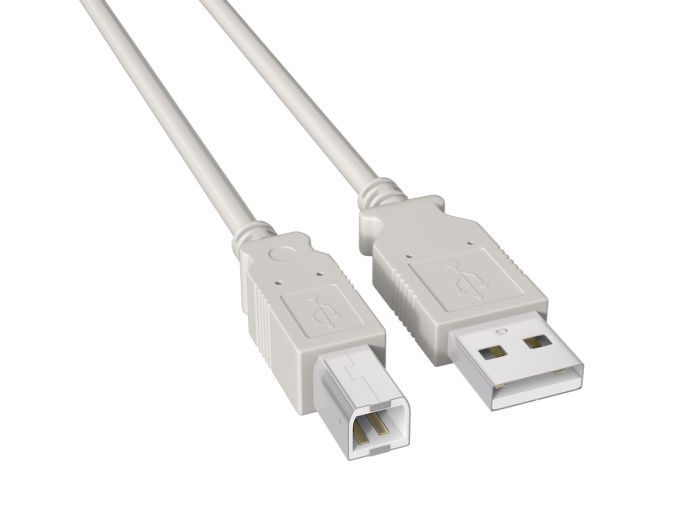 6ft USB 2.0 Type A Male to B Male cable, ash white color, double-shielded for 480Mbps data transfer, ideal for connecting printers, scanners, and external hard drives to computers.
