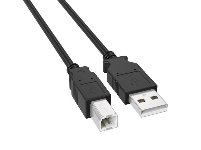 15ft USB 2.0 Type A Male to B Male cable, black color, double-shielded for 480Mbps data transfer, ideal for connecting printers, scanners, and external hard drives to computers.