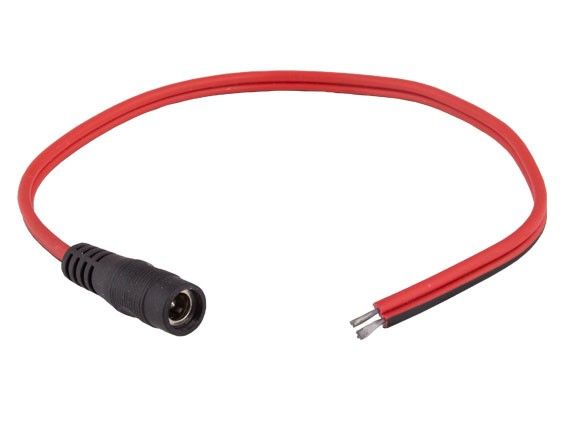 1ft Female DC Power Cable 2.1 x 5.5mm Pigtail Female Plug, 18AWG, Red 1ft Female DC Power Cable 2.1 x 5.5mm Pigtail Female Plug, 18AWG, Red