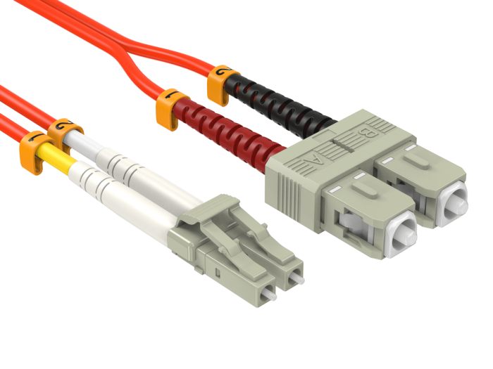 1m OM1 LC to SC UPC Duplex Corning Fiber Optic Cable MultiMode 62.5/125 OFNR Rated, Orange 1m OM1 LC to SC UPC Duplex Corning Fiber Optic Cable MultiMode 62.5/125 OFNR Rated, Orange