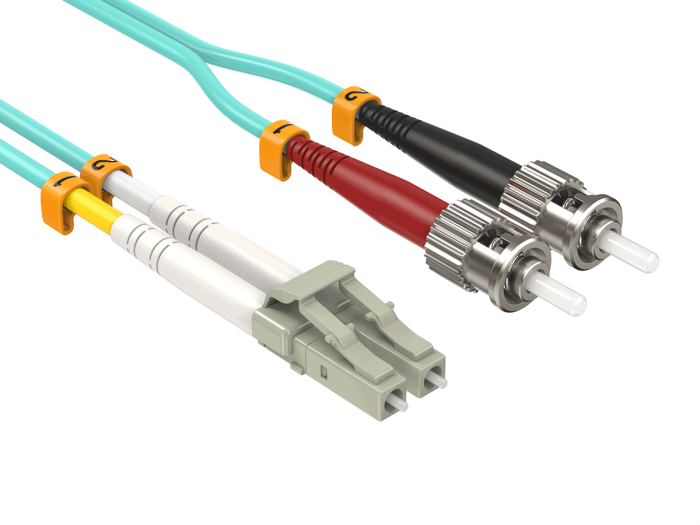 2m OM4 LC to ST Duplex Corning Fiber Optic Cable Multimode 50/125 OFNR Rated, Aqua 2m OM4 LC to ST Duplex Corning Fiber Optic Cable Multimode 50/125 OFNR Rated, Aqua