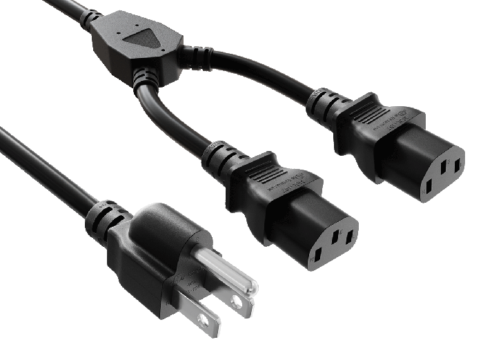 10ft NEMA 5-15P to Dual C13 Universal Power Cord Splitter Cable, 16 AWG, 13A/125V, SJT, Black 10ft NEMA 5-15P to Dual C13 Universal Power Cord Splitter Cable, 16 AWG, 13A/125V, SJT, Black