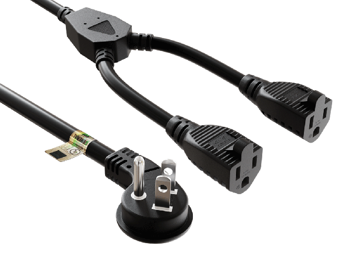 36 inches NEMA 5-15P to Dual 5-15R Ultra Low Profile Angled Power Extension Cord Splitter 16AWG 13A/125V SJT, Black 36 inches NEMA 5-15P to Dual 5-15R Ultra Low Profile Angled Power Extension Cord Splitter 16AWG 13A/125V SJT, Black